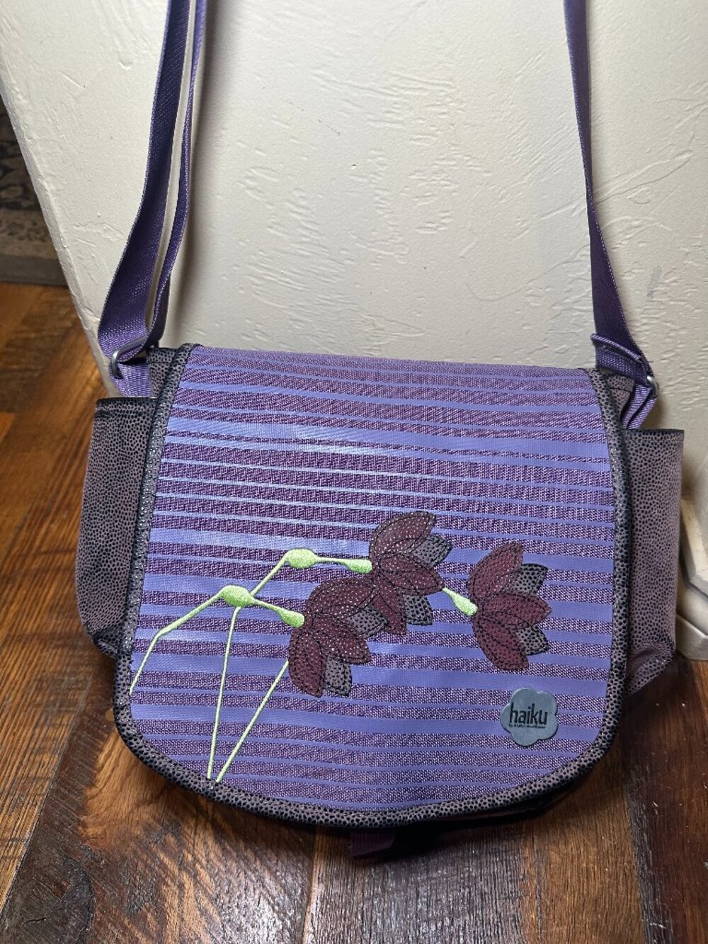 Haiku Sharon Eisenhauer To Go Messenger Crossbody Bag Purple Stripe Lotus Vegan